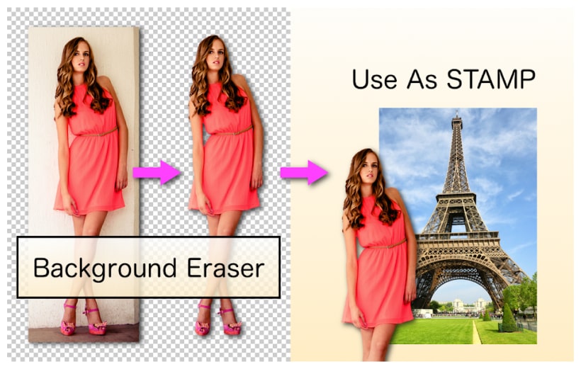 Image démontrant la suppression d'arrière-plan d'une photo qui est ensuite utilisée comme timbre clone