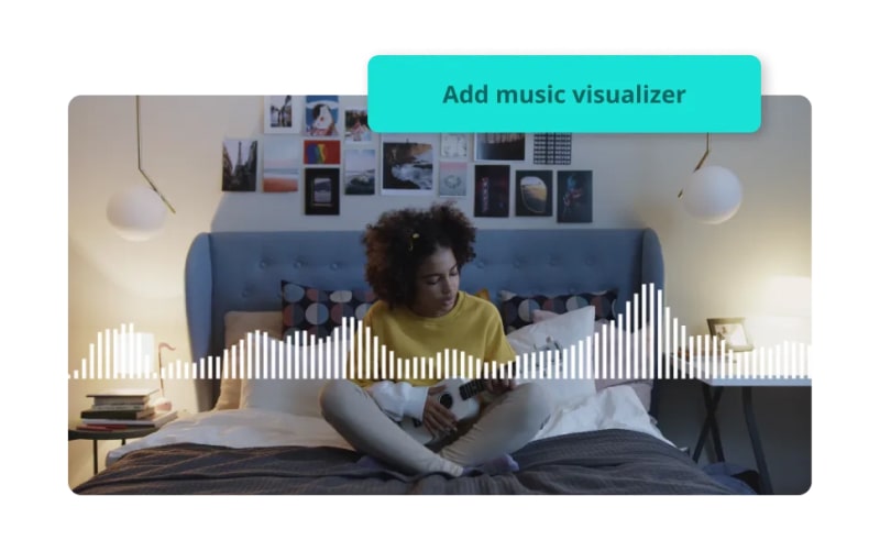 A stylized image with a waveform on top of an image and a fake button that says "Add music visualizer"