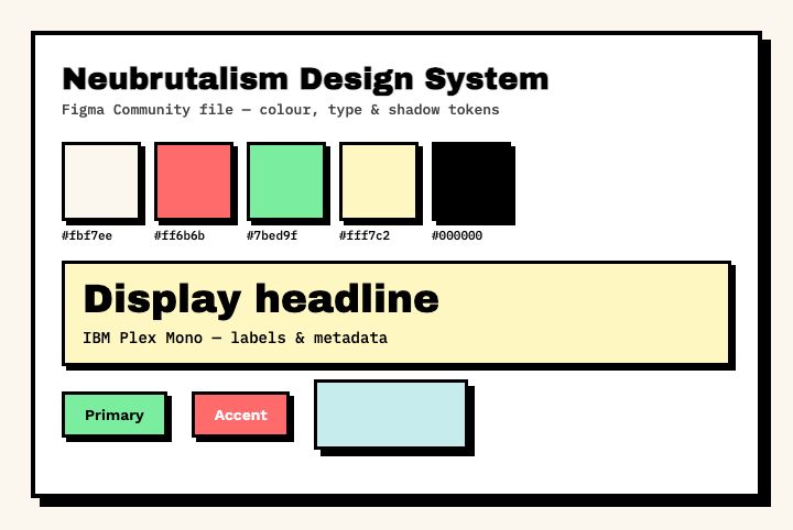 Neubrutalism design system Figma file with colour swatches, typography and shadow tokens
