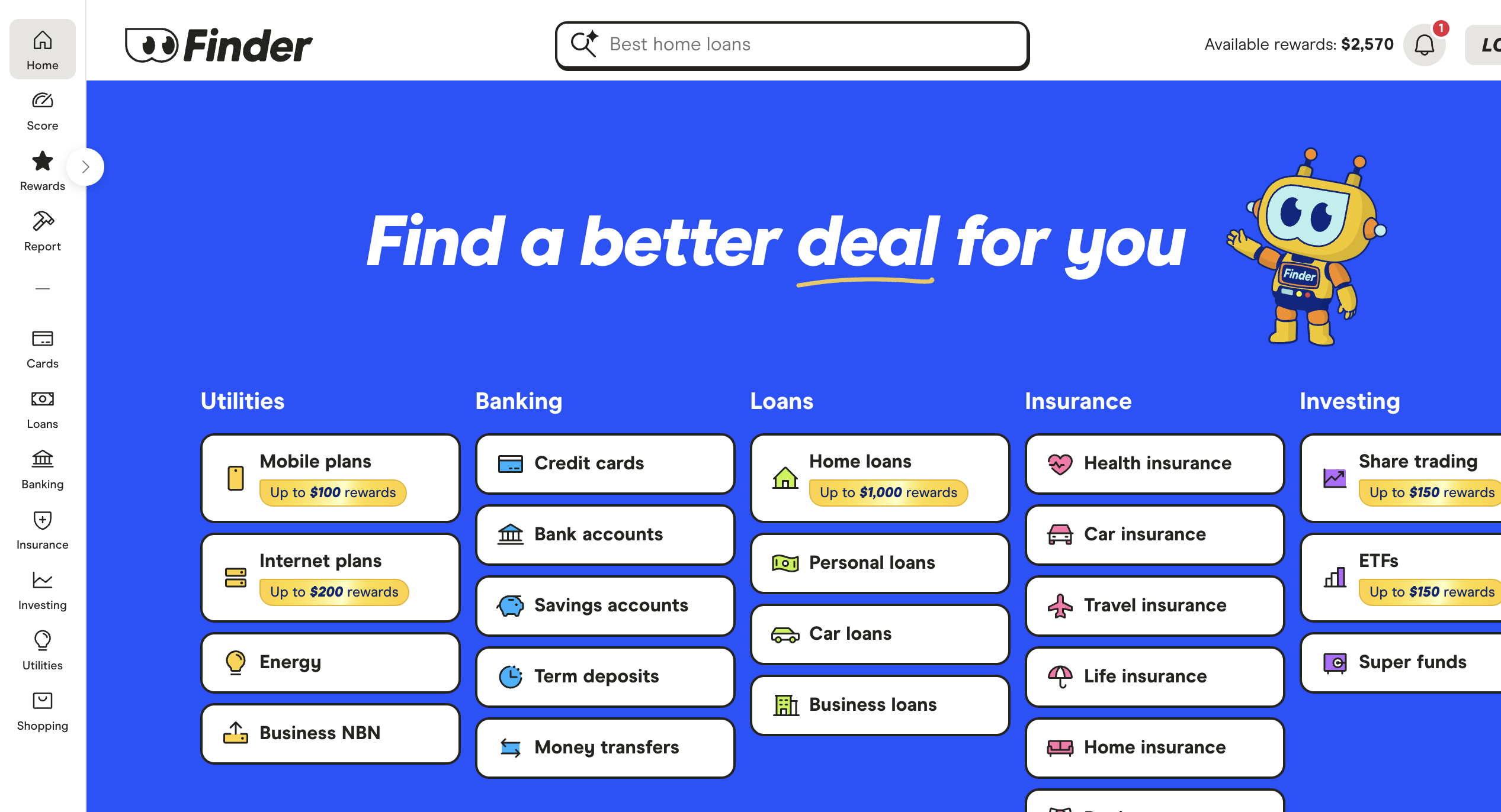 Finder.com.au homepage with bold blue hero, thick black card borders, yellow reward badges and category grid