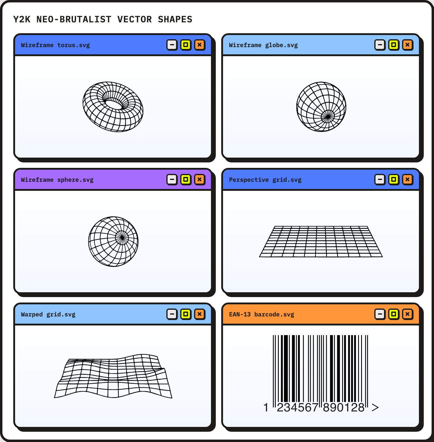 Y2K neo-brutalist vector shapes preview with wireframe torus, globe, sphere, perspective grid, warped grid and EAN-13 barcode
