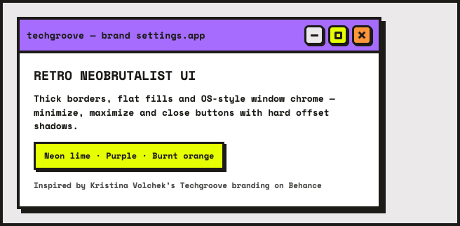 Retro neobrutalist UI window with minimize maximize and close buttons, purple title bar and hard black shadows