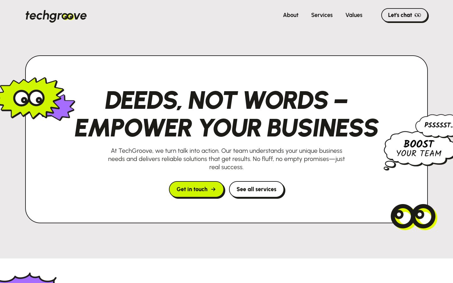 Techgroove homepage with neon lime buttons, purple starburst stickers, googly-eye logo and thick black borders