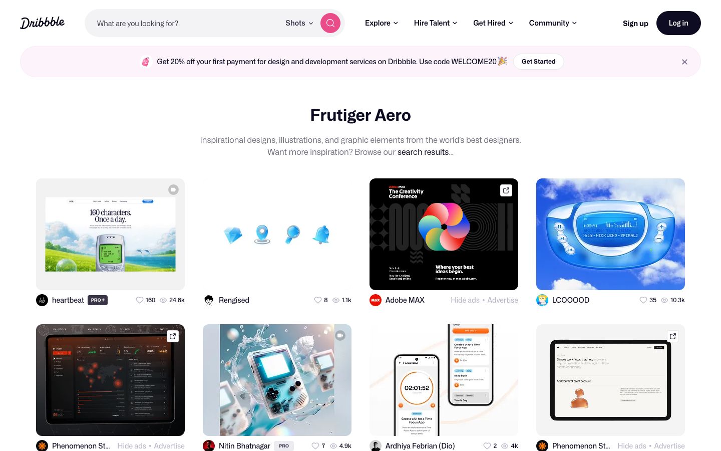 Dribbble search results for Frutiger Aero showing glossy buttons and sky-gradient layouts