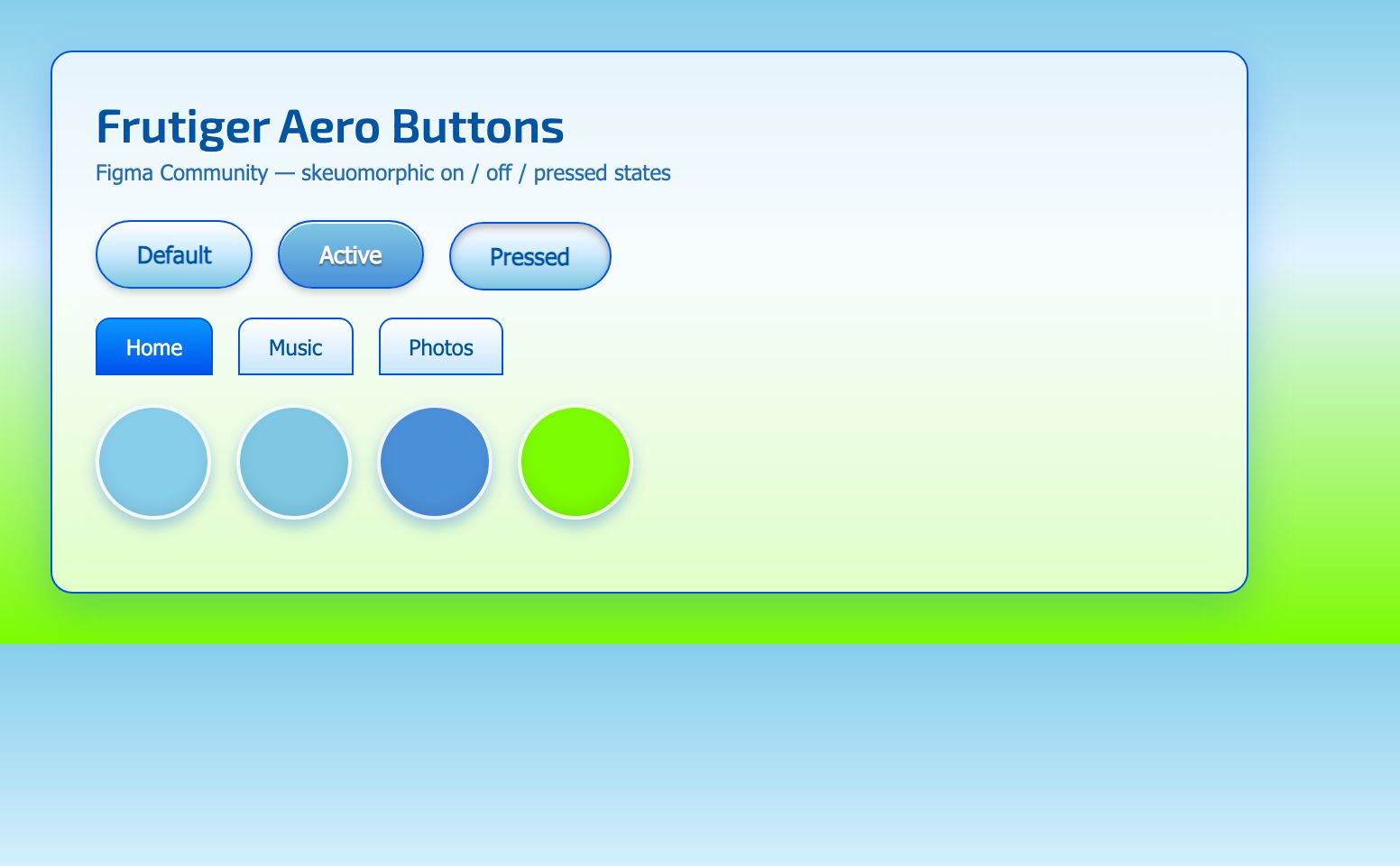 Frutiger Aero skeuomorphic button Figma kit with on off and pressed states