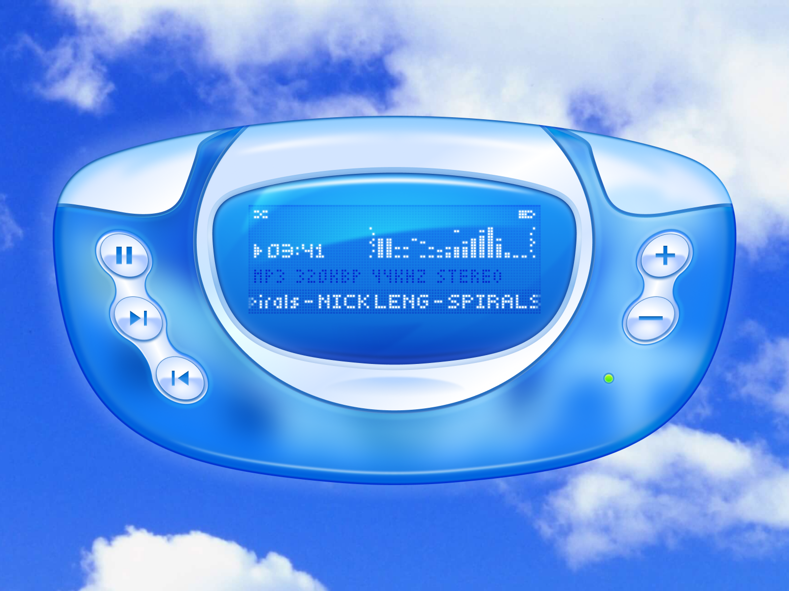 Frutiger Aero MP3 player concept by LCOOOOD with glossy blue plastic, cloud sky background and pixel display