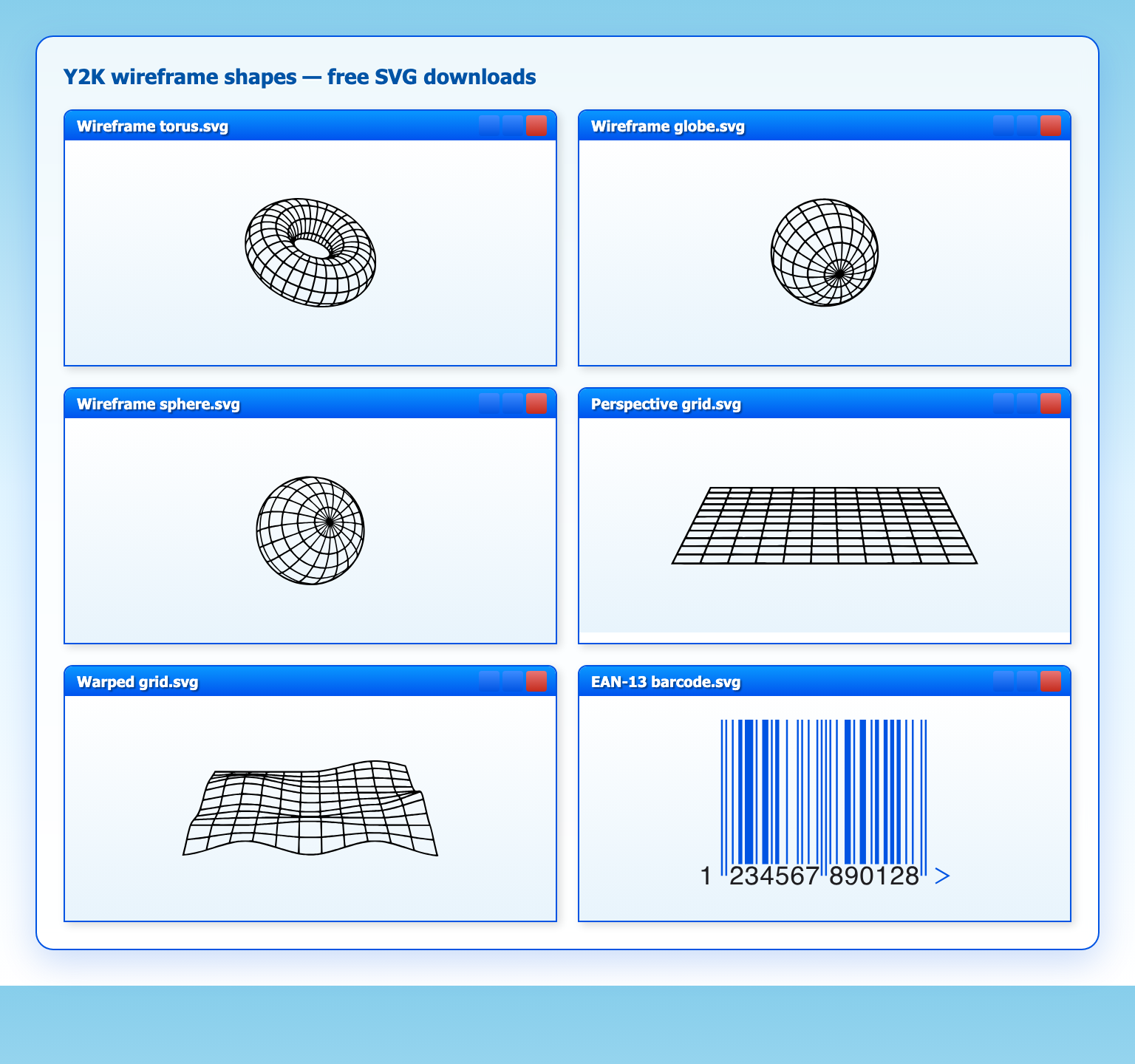 Frutiger Aero vector shapes preview with wireframe torus, globe, sphere, perspective grid, warped grid and barcode in XP window chrome
