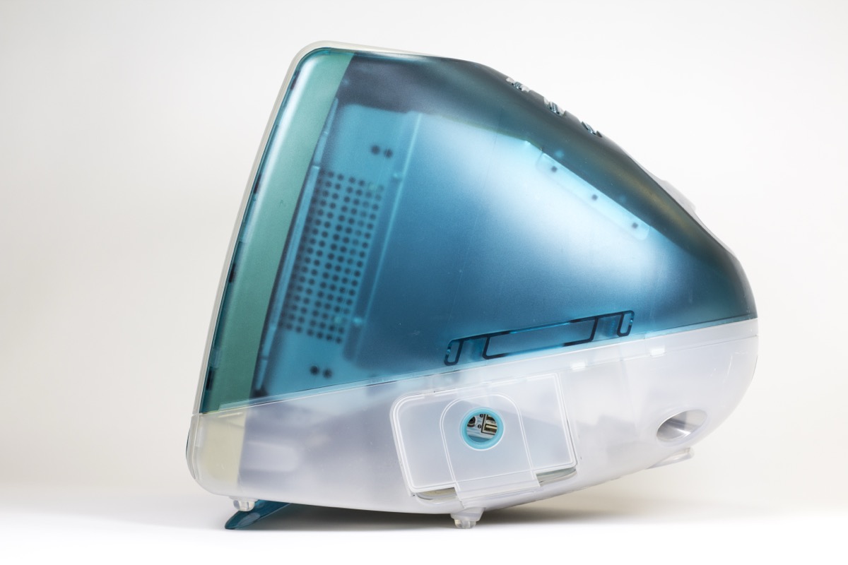 Apple iMac G3 in Bondi Blue translucent plastic, side profile