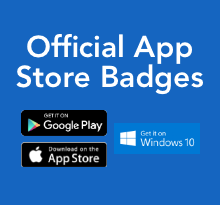 App Store badges for Apple, Windows, Android and Google Play stores